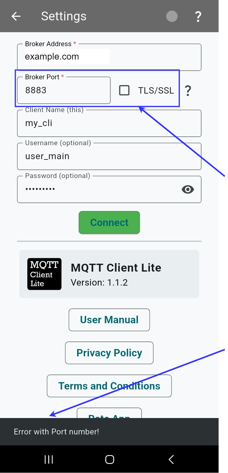 Port 8883 and TLS disabled